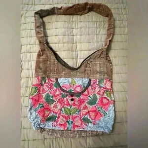Boho Embroidered Shoulder Bag Floral Hippie Purse Broken Zipper Earthy Tones y2k